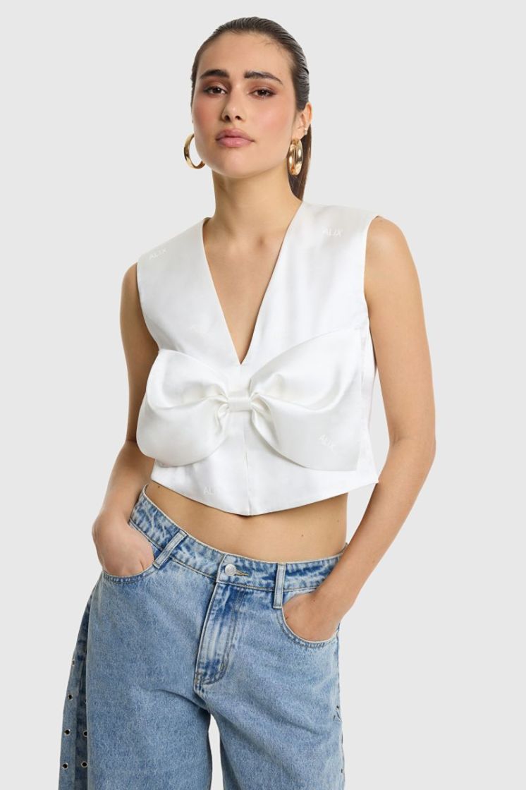 Woven Text Bow Top cream  